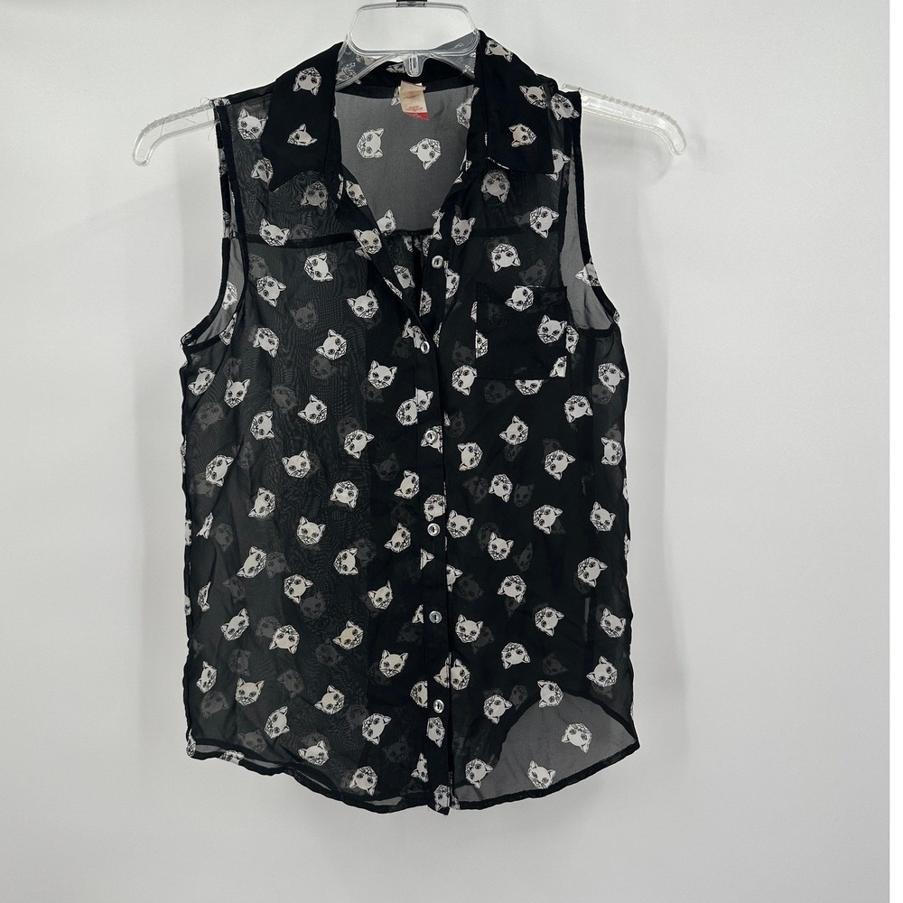Women Cat Print Sheer Top Size M Whimsigoth Indie‎ Grunge Alt Novelty Blouse